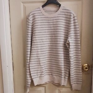 Reiss Crewneck 100% Wool Sweater in Cream and Gray Stripes